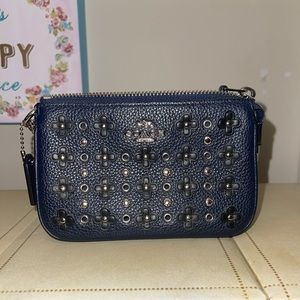 Coach Nolita In Floral Rivets Chalk Black Leather Wristlet